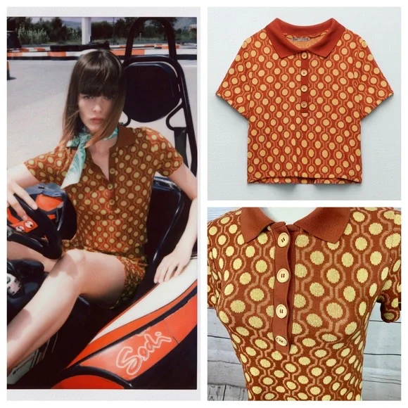 Zara Crop Collared Buttons Burnt Orange yellow Thin Soft Knit Top - Picture 11 of 11